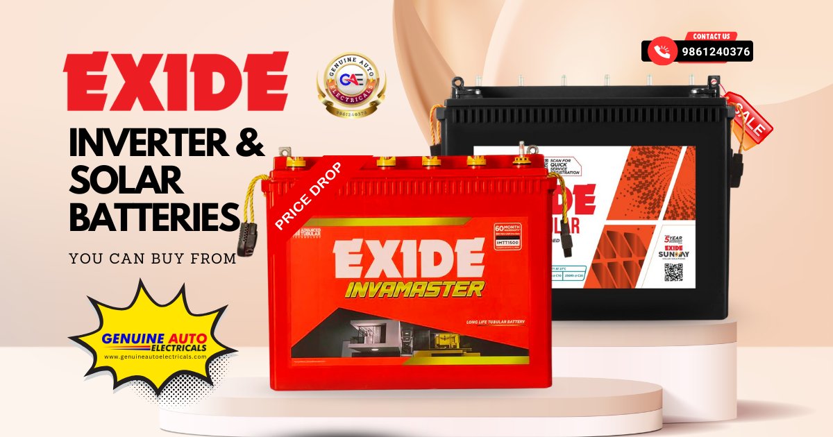GenuineAutoEle's tweet photo. Need reliable power? Get Exide Inverter Batteries &amp; Solar Batteries from Genuine Auto Electricals, Jajpur, Odisha.
📞 9861240376
#ExideBatteries #SolarEnergy #ExideCare #PowerSolutions #Jajpur #Odisha https://t.co/aBaxWTBDyl
