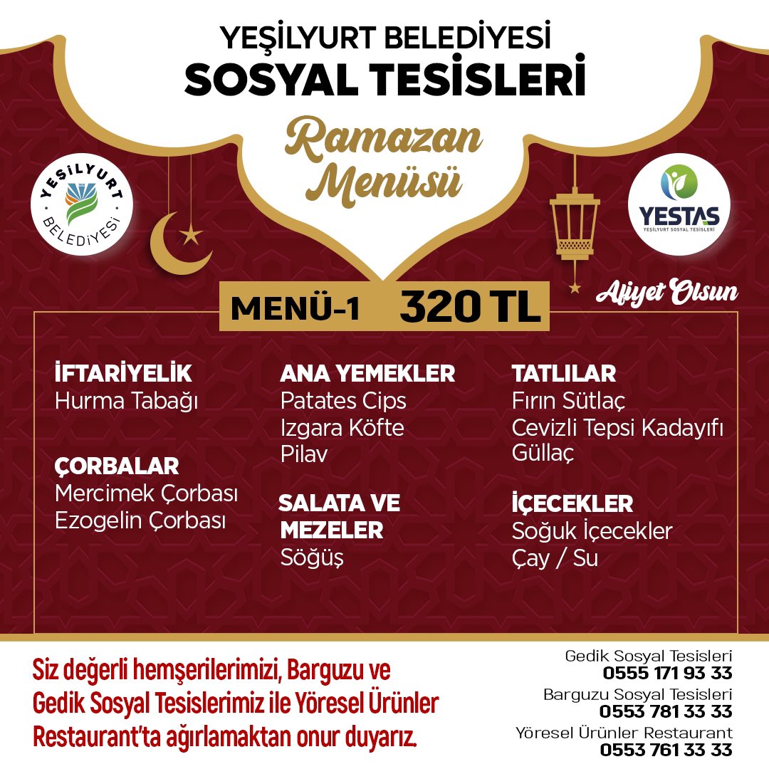 yesilyurtisgem's tweet photo. 🌙 YESTAŞ Sosyal Tesislerimizde Ramazan Menüsü! 🍽️

Ramazan ayı boyunca;
📍 Barguzu Sosyal Tesisleri
📍 Gedik Sosyal Tesisleri
📍 Yöresel Ürünler Restoranı'nda 

İftarın manevi atmosferini birlikte yaşayalım.🤲🏼 https://t.co/hCE0nFt24J