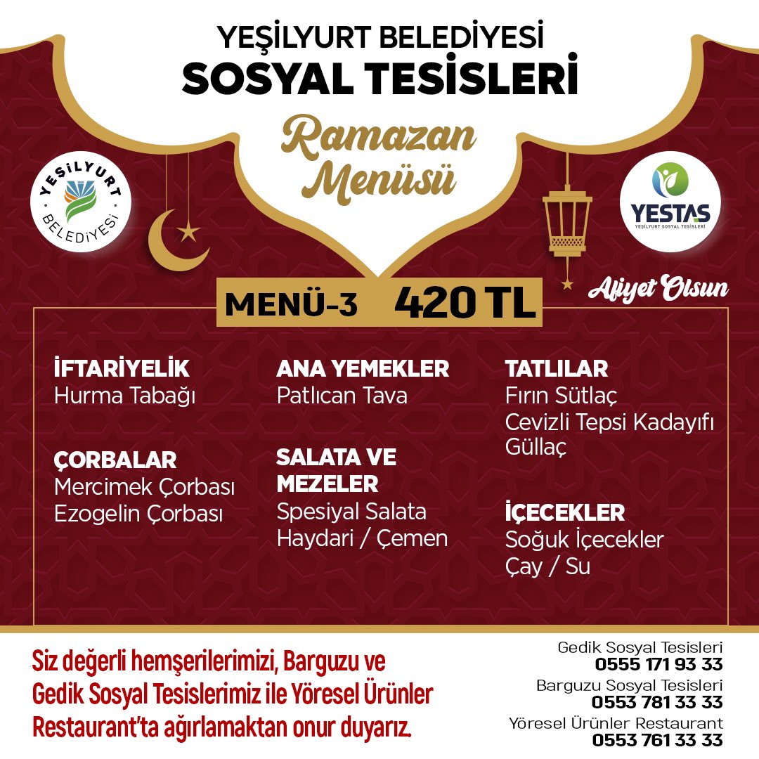 yesilyurtisgem's tweet photo. 🌙 YESTAŞ Sosyal Tesislerimizde Ramazan Menüsü! 🍽️

Ramazan ayı boyunca;
📍 Barguzu Sosyal Tesisleri
📍 Gedik Sosyal Tesisleri
📍 Yöresel Ürünler Restoranı'nda 

İftarın manevi atmosferini birlikte yaşayalım.🤲🏼 https://t.co/hCE0nFt24J