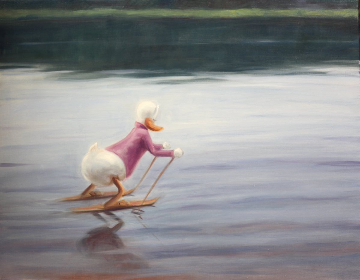 ” Thaw - Vesikeli ”, 2025, oil on canvas, 70 x 90 cm. #art #oilpainting #sport #skiing #thaw #duck #disney #popart #figurativeart #contemporarypainting #ArtistOnTwitter #ArtistOnX #kajstenvall