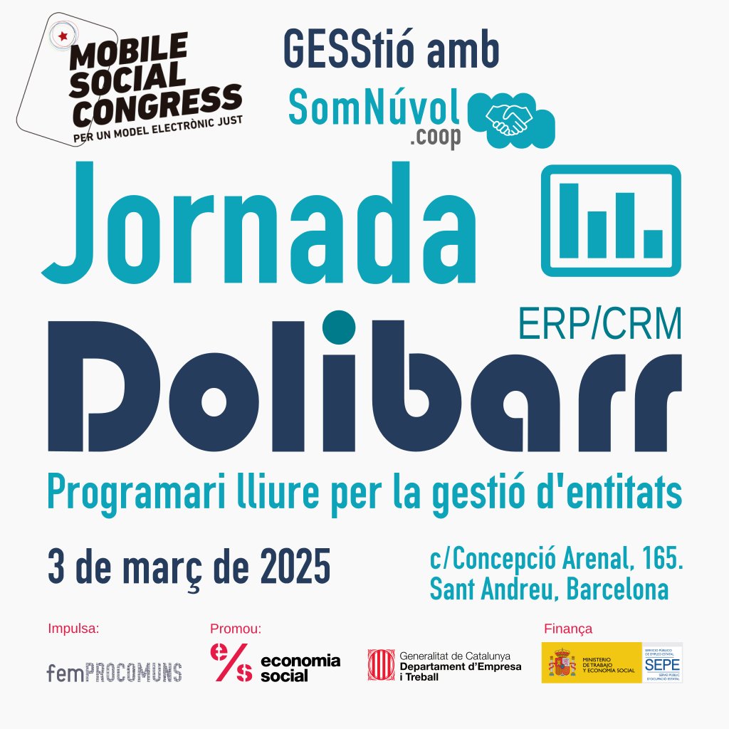 🌟 Mobile Social Congress #msc2025 
Aquesta tarda fem #JornadaDolibarr al <a href="/CanodromBCN/">Canòdrom -Ateneu d'Innovació Digital i Democràtica</a> 
Quines eines tecnoètiques i lliures tenim per la gestió d'entitats.
1a part intercanvi entre entitats usuàries
2a part explicació de #Dolibarr i experiències d'ús