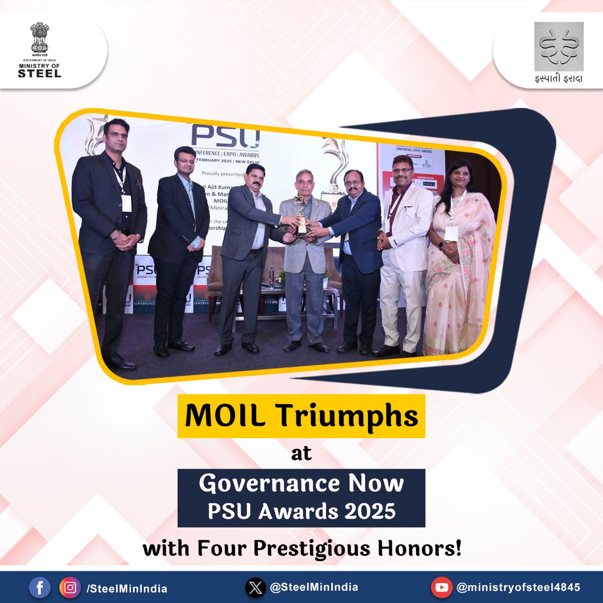 SteelMinIndia's tweet photo. #MOIL shines at the #11th PSU Awards by #GovernanceNow, winning 4 prestigious awards for Leadership, Learning & Development, and Public Relations Campaign. Congratulations to team MOIL!
#PSUAwards
@MOIL_LIMITED https://t.co/XsIBvwIIDH