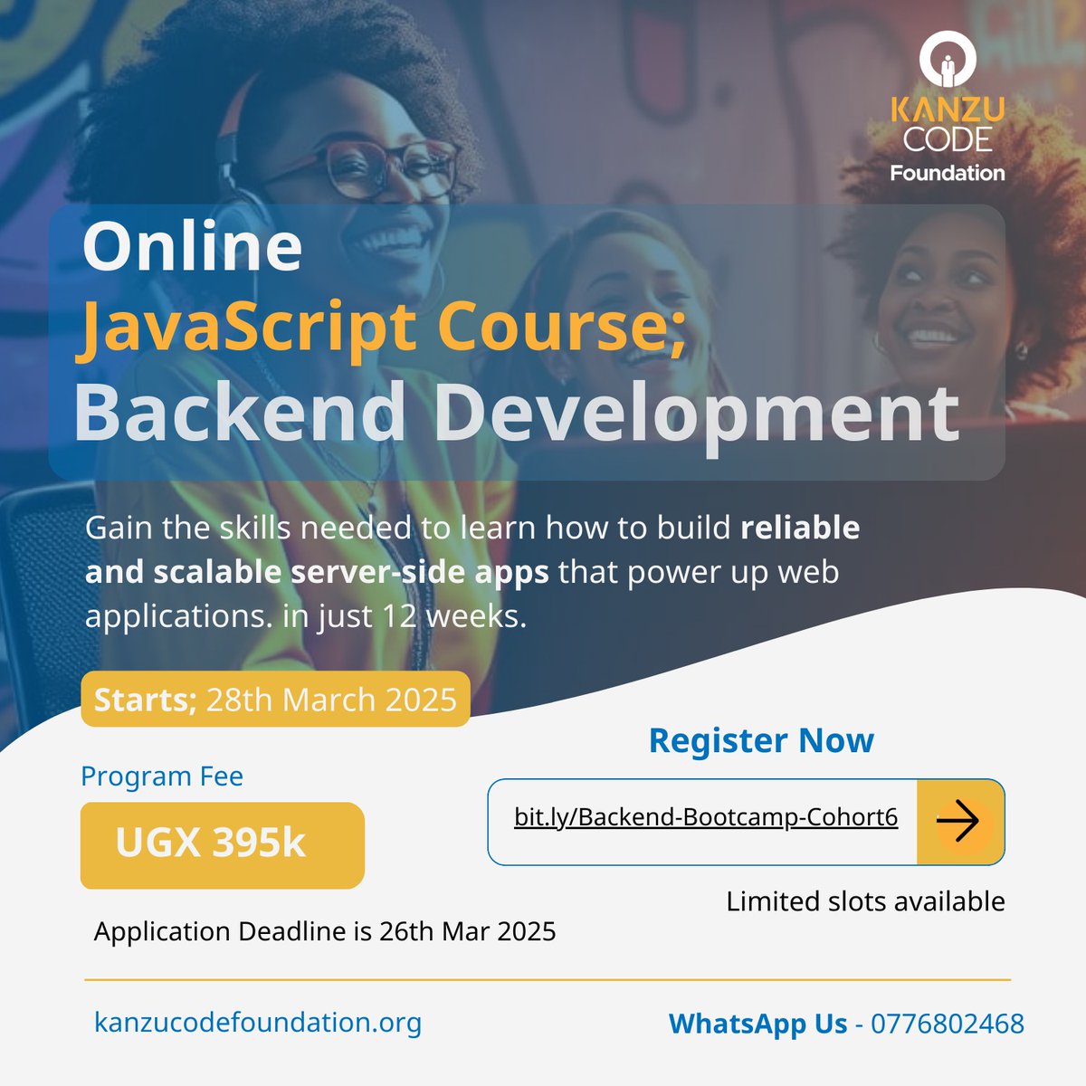 KanzuCodeOrg's tweet image. 🚀 Master Backend JavaScript Development!
Join our Online JavaScript Backend Development Bootcamp and become a pro in just 12 weeks!
📅 Starts: 28th March 2025
💰 Fee: UGX 395k
🕒 Duration: 12 Weeks
👉bit.ly/Backend-Bootca…
#BackendBootcamp #JavaScript #react #WebDevelopment