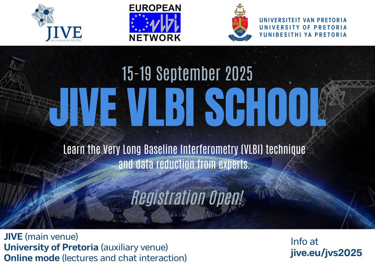 JIVE (@jivevlbi) on Twitter photo 📨 Register by May 16, 17:00 UTC for the JIVE VLBI School 2025 (Sept 15-19)! In-person and online (JIVE & <a href="/UPTuks/">University of Pretoria</a>). Learn VLBI data processing & imaging techniques with the European VLBI Network through lectures & hands-on sessions! 🔗 jive.eu/news/registrat… #AstroSchool #JIVEVN 📨 Register by May 16, 17:00 UTC for the JIVE VLBI School 2025 (Sept 15-19)! In-person and online (JIVE & <a href="/UPTuks/">University of Pretoria</a>). Learn VLBI data processing & imaging techniques with the European VLBI Network through lectures & hands-on sessions! 🔗 jive.eu/news/registrat… #AstroSchool #JIVEVN
