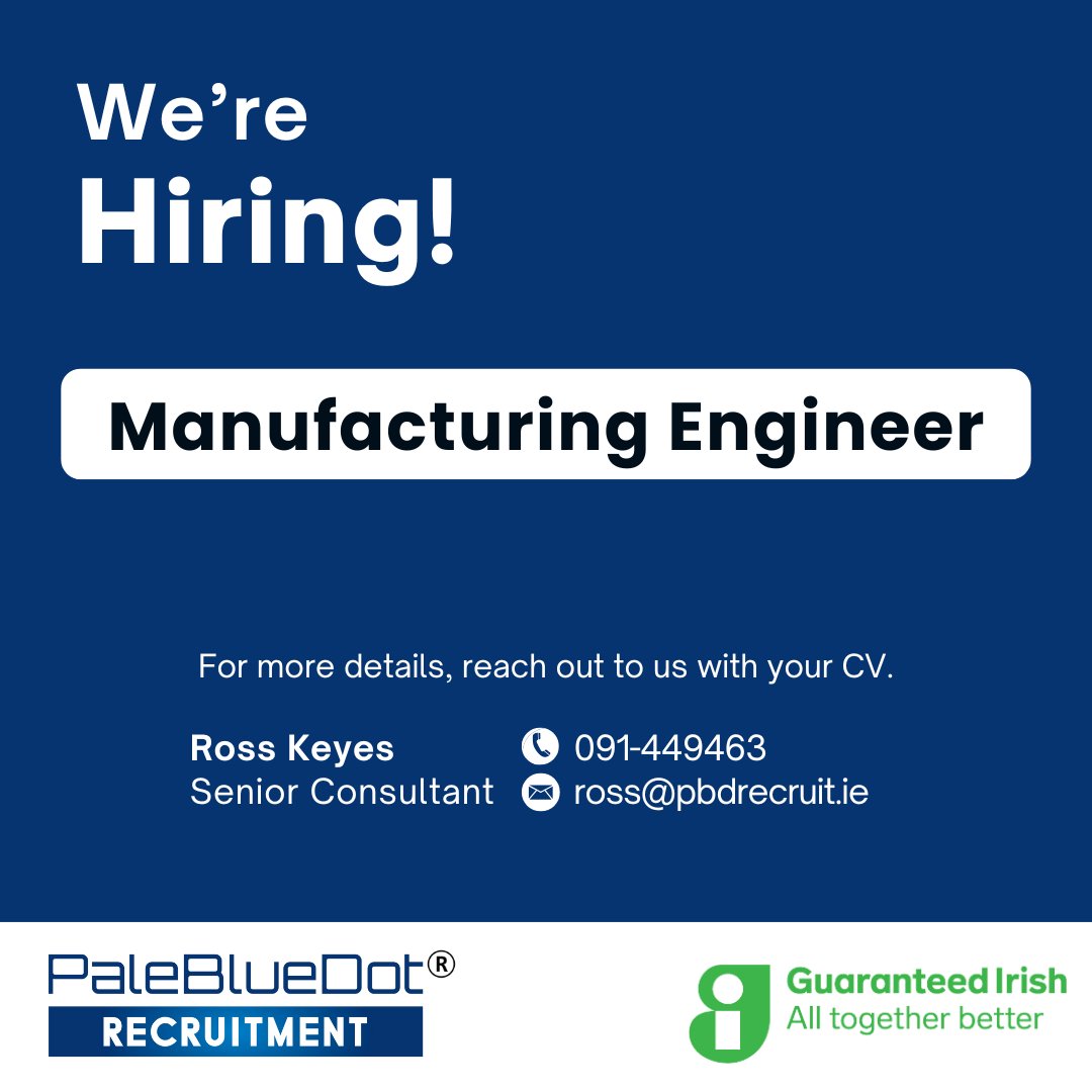 PBDRecruit's tweet image. Our Client, A leading Medical Device company based in Clare, are seeking a Manufacturing Engineer to join their team. 

Contact Ross or visit pbdrecruit.ie/explorejobs/#j…
for more details
#PaleBlueDotRecruitment #MedTech  #GetInvolvedToday