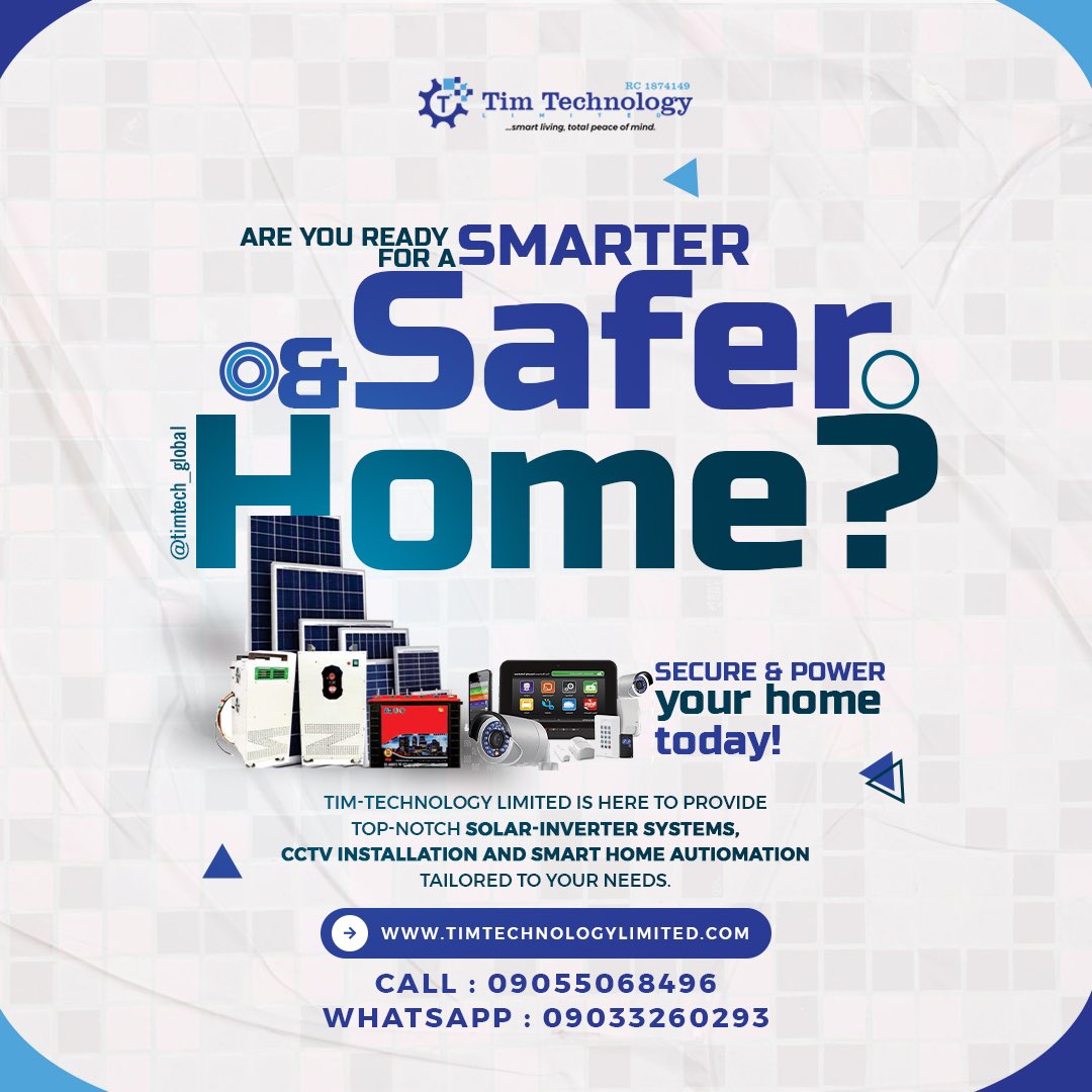 Timtech_Global's tweet image. Tim-Technology Limited is here to provide top-notch Solar-Inverter Systems, CCTV, and Home Automation solutions tailored to your needs.
✅ Reliable &amp;amp; Affordable Solutions
✅ Expert Installation &amp;amp; Maintenance

#TimTechnologyLimited #SmartLiving #CCTV #SolarPower #HomeAutomation