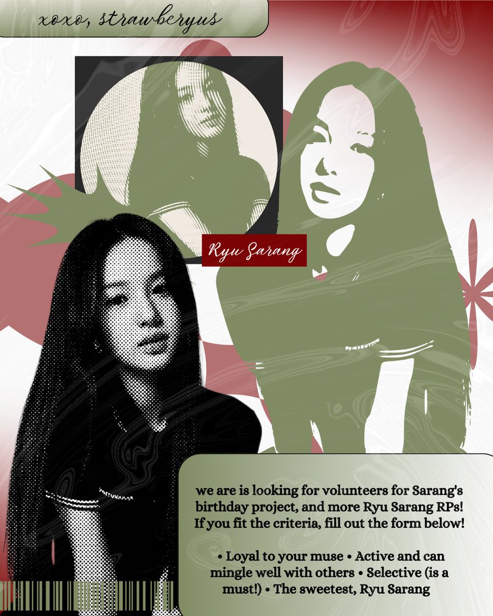 a retweet would be appreciated! ★
𝗌𝗍𝗋𝖺𝗐𝖻𝖾𝗋𝗒𝗎𝗌 is looking for volunteers for a birthday project, friends from 𝑺𝑸/𝑶𝑨, and more 𝗥𝘆𝘂 𝗦𝗮𝗿𝗮𝗻𝗴 RPs to connect and create something special together. If you're interested, feel free to fill out the form below! ♥️