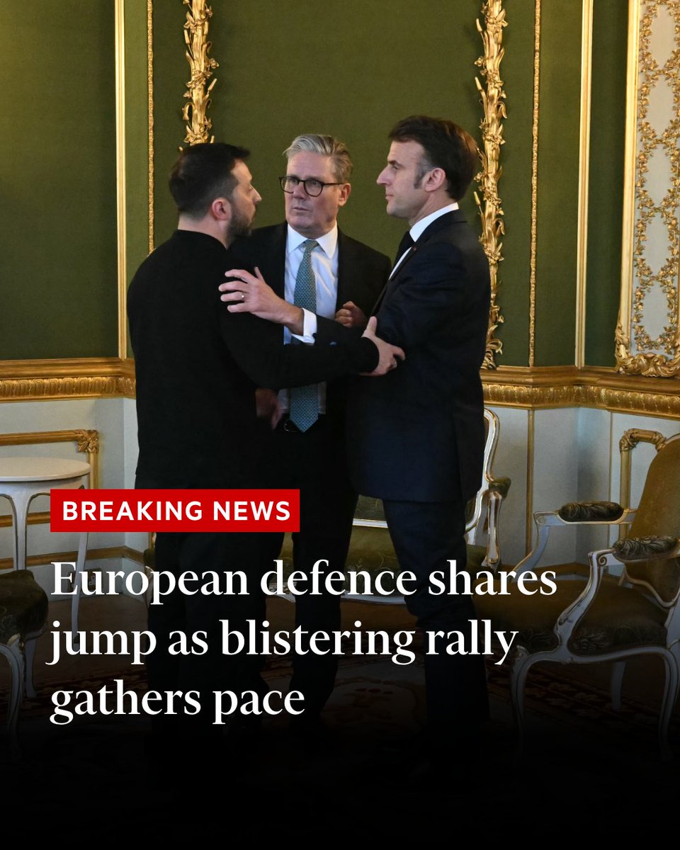 Breaking news: In a frenzied start to trading, shares in Rheinmetall, Germany’s largest defence company, jumped 18%, London-based BAE Systems was up 14% in London and Leonardo climbed 15% in Milan. on.ft.com/4h8Etjf