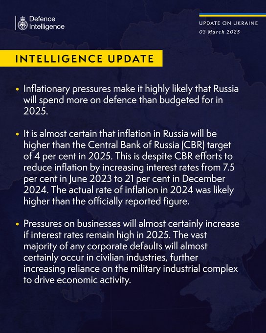 Inflationary pressures make it highly likely that Russia will spend more on defence than budgeted for in 2025.  It is almost certain that inflation in Russia will be higher than the Central Bank of Russia (CBR) target of 4 per cent in 2025. This is despite CBR efforts to reduce inflation by increasing interest rates from 7.5 per cent in June 2023 to 21 per cent in December 2024. The actual rate of inflation in 2024 was likely higher than the officially reported figure.  Pressures on businesses will almost certainly increase if interest rates remain high in 2025. The vast majority of any corporate defaults will almost certainly occur in civilian industries, further increasing reliance on the military industrial complex to drive economic activity.