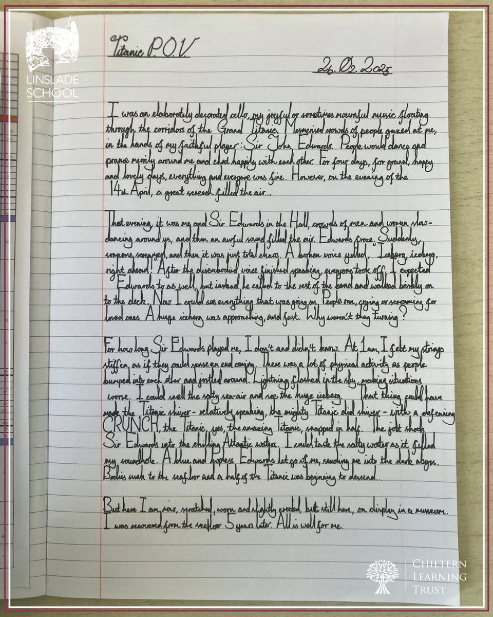 linsladeschool's tweet image. Titanic from a cello&apos;s POV? 😱 Our Year 6 students are writing incredible things! This piece is a must-read. #Titanic #StudentWriting #AmazingWork
@ChilternLT @PMStock11 @mjpGibbs @LoveLeightonB