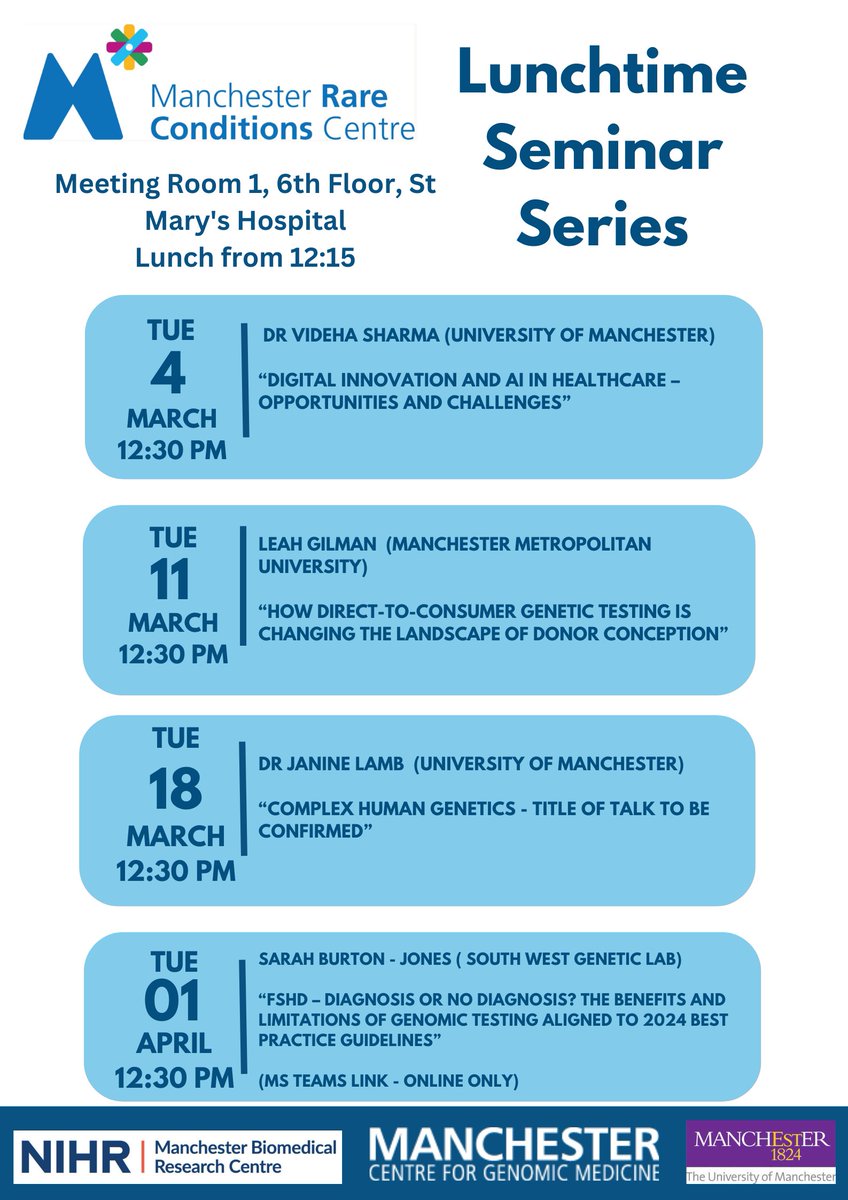 Manchester Rare Conditions Centre (@mft_imrare) on Twitter photo We have lots of wonderful talks to look forward to this month! If you would like to attend one of our lunchtime seminars, please drop us a message or email us at mrcc@mft.nhs.uk
<a href="/ManchesterBRC/">NIHR Manchester Biomedical Research Centre</a> <a href="/MFTnhs/">MFT NHS</a> <a href="/OfficialUoM/">The University of Manchester</a> <a href="/smbanka/">Siddharth Banka</a> <a href="/GeneticBill/">Bill Newman</a> We have lots of wonderful talks to look forward to this month! If you would like to attend one of our lunchtime seminars, please drop us a message or email us at mrcc@mft.nhs.uk
<a href="/ManchesterBRC/">NIHR Manchester Biomedical Research Centre</a> <a href="/MFTnhs/">MFT NHS</a> <a href="/OfficialUoM/">The University of Manchester</a> <a href="/smbanka/">Siddharth Banka</a> <a href="/GeneticBill/">Bill Newman</a>
