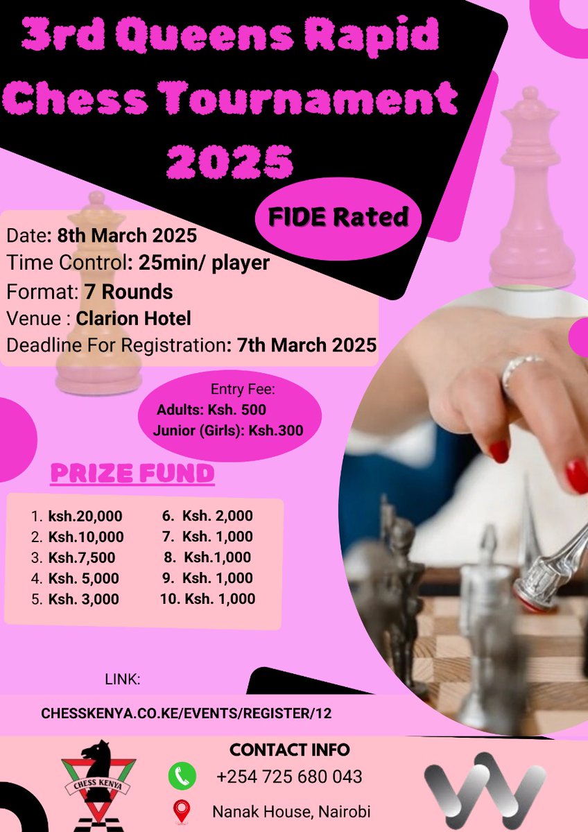 Ladies/ Girls be part of the global celebration 
Adults :  Ksh 500/-
U18 girls:  Ksh 300/-

Registration link: chesskenya.co.ke/events/Registe…

wom.fide.com/empowering-gir…

Contact: 0725 680043