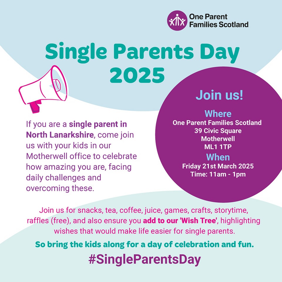 𝗖𝗲𝗹𝗲𝗯𝗿𝗮𝘁𝗲 𝗦𝗶𝗻𝗴𝗹𝗲 𝗣𝗮𝗿𝗲𝗻𝘁𝘀 𝗗𝗮𝘆 🌻

To celebrate Single Parent Day, One Parent Families Scotland Lanarkshire is hosting a Single Parents Day event at their Motherwell office on 𝗙𝗿𝗶𝗱𝗮𝘆, 𝟮𝟭𝘀𝘁 𝗠𝗮𝗿𝗰𝗵, 𝗳𝗿𝗼𝗺 𝟭𝟭𝗮𝗺 𝘁𝗼 𝟭𝗽𝗺.

💜💚