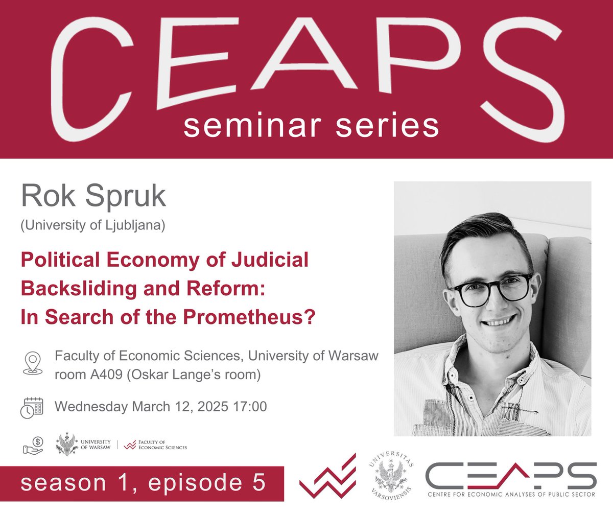 With pleasure we invite you to the next meeting of CEAPS Seminar Series - Season 1 at <a href="/EconUW/">WNE_UW</a>💥 We host distinguished speakers specilizing in topics at the intersection of economics, law, and political science. Check out Episode 5️⃣ feat. Rok Spruk (University of Ljubljana)👇