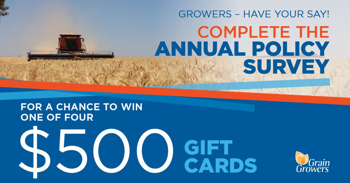 📣 CLOSING TONIGHT! GrainGrowers' 2025 Annual Policy Survey! 📣 Australian grain growers are invited to share the issues, challenges, and opportunities on-farm.

Start the survey now: ggl.pub/41CeeNG

🌱 Approx 20-25 minutes.
🌱 Go into the running to WIN ONE of FOUR $500
