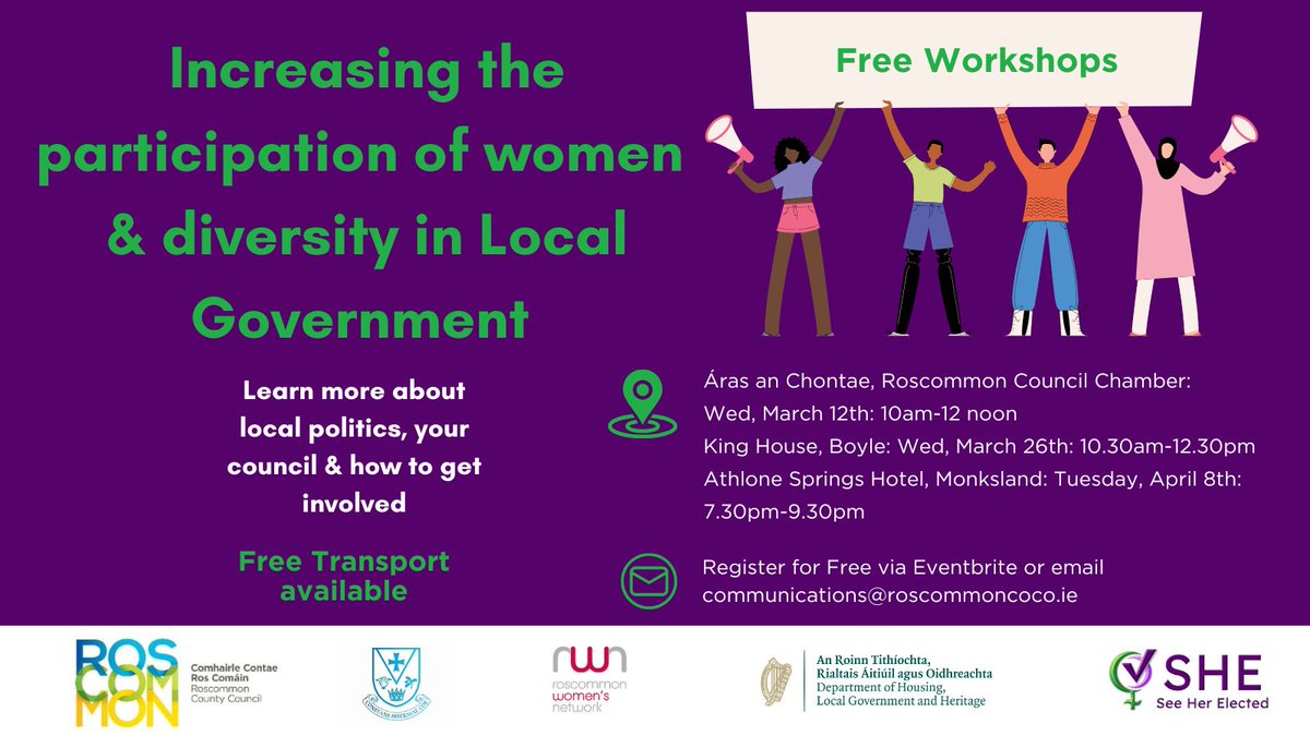 SHE Programme (@seeherelected) on Twitter photo Delighted to deliver this training for <a href="/roscommoncoco/">Roscommon County Council</a> - Learn more about politics, your council and how to get involved- Chose from Ros Town- March 12th; Boyle March 26th or Monksland, April 8th- Free shuttle bus- Register Now 👉bit.ly/4i8U17l
<a href="/RWN_Roscommon/">Roscommon Women's Network</a> Delighted to deliver this training for <a href="/roscommoncoco/">Roscommon County Council</a> - Learn more about politics, your council and how to get involved- Chose from Ros Town- March 12th; Boyle March 26th or Monksland, April 8th- Free shuttle bus- Register Now 👉bit.ly/4i8U17l
<a href="/RWN_Roscommon/">Roscommon Women's Network</a>