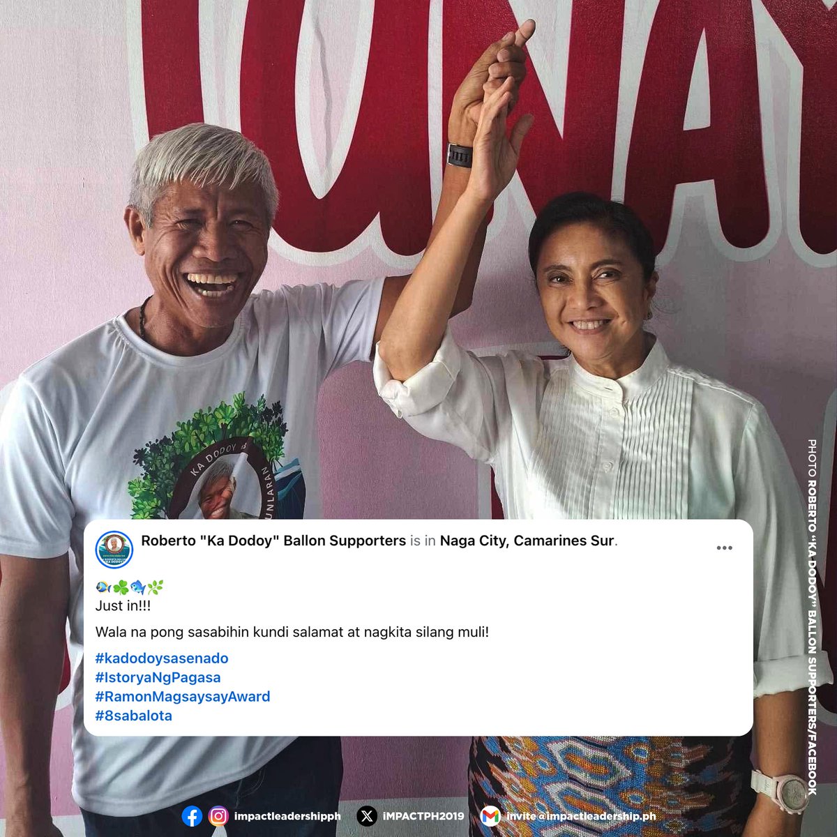 iMPACTPH2019's tweet image. LENI RAISES KA DODOY&apos;S HAND IN NAGA

Senatorial candidate and 2021 Ramon Magsaysay Awardee Ka Dodoy Ballon reunited with former Vice President Leni Robredo during his recent visit to Naga City, where Robredo raised his hand in a show of support.

Ballon, a former small-scale…