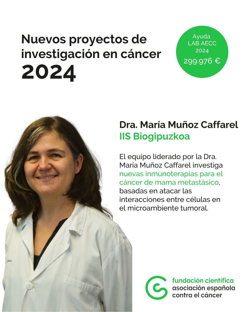 Contra el Cáncer en Gipuzkoa (@contracancergp) on Twitter photo La #investigación salva vidas. 🔬
La Dra. María Muñoz Caffarel es una de las investigadoras que ha recibido una Ayuda LAB AECC 2024, cuyo objetivo es investigar nuevas inmunoterapias para el #cáncerdemama metastásico.
<a href="/MariaCaffarel/">Maria M Caffarel</a> <a href="/biogipuzkoa/">Biogipuzkoa</a> La #investigación salva vidas. 🔬
La Dra. María Muñoz Caffarel es una de las investigadoras que ha recibido una Ayuda LAB AECC 2024, cuyo objetivo es investigar nuevas inmunoterapias para el #cáncerdemama metastásico.
<a href="/MariaCaffarel/">Maria M Caffarel</a> <a href="/biogipuzkoa/">Biogipuzkoa</a>