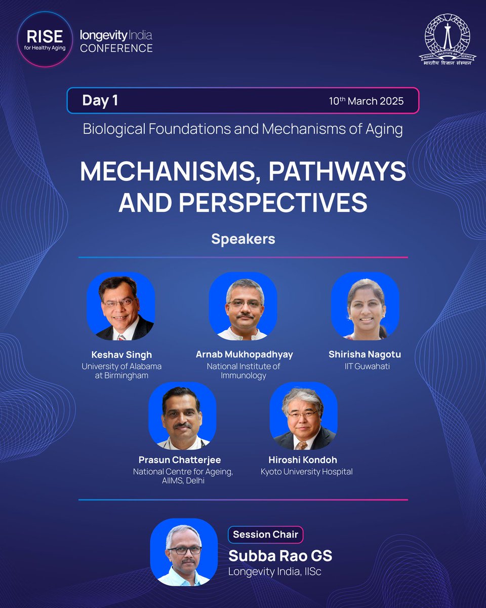 Longevity India (@longevity_iisc) on Twitter photo The session 'Mechanisms, Pathways, and Perspectives' with experts <a href="/mitoscientist/">Keshav K Singh, PhD</a>, <a href="/smartelegans/">Arnab Mukhopadhyay</a>, Shirisha Nagotu, <a href="/PrasunGeriatric/">Dr Prasun Chatterjee</a> & Hiroshi Kondoh & session chair - Subba Rao GS explore the biological pathways shaping aging.
Register now: longevity.iisc.ac.in/rise
#RISE2025 The session 'Mechanisms, Pathways, and Perspectives' with experts <a href="/mitoscientist/">Keshav K Singh, PhD</a>, <a href="/smartelegans/">Arnab Mukhopadhyay</a>, Shirisha Nagotu, <a href="/PrasunGeriatric/">Dr Prasun Chatterjee</a> & Hiroshi Kondoh & session chair - Subba Rao GS explore the biological pathways shaping aging.
Register now: longevity.iisc.ac.in/rise
#RISE2025