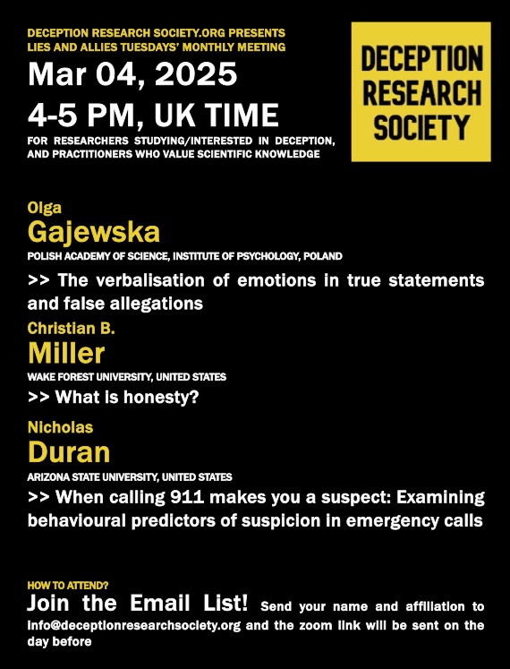 Deception Research Society (@deceptionrs) on Twitter photo The meeting link for this month's Lies and Allies has gone out! If you missed it, email info@deceptionresearchsociety.org to get the link // The meeting link for this month's Lies and Allies has gone out! If you missed it, email info@deceptionresearchsociety.org to get the link //