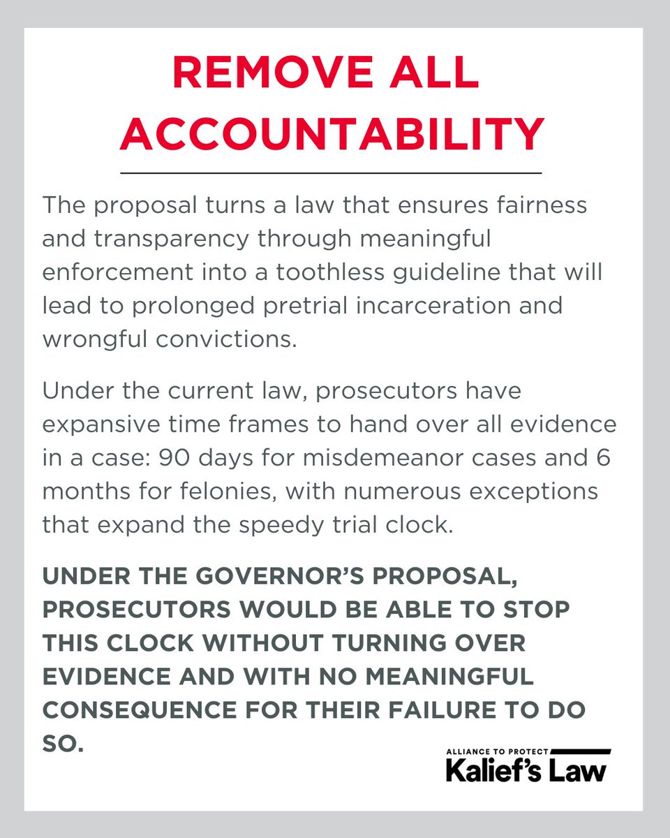 NEW YORK'S DISCOVERY LAWS WORK!

Repealing NY discovery laws will not “reduce delays,” “streamline case processing” or “close loopholes,” as the Governor claims. Instead, it will gut #KaliefsLaw, leading to more wrongful convictions, coerced plea deals, and clogged courts.