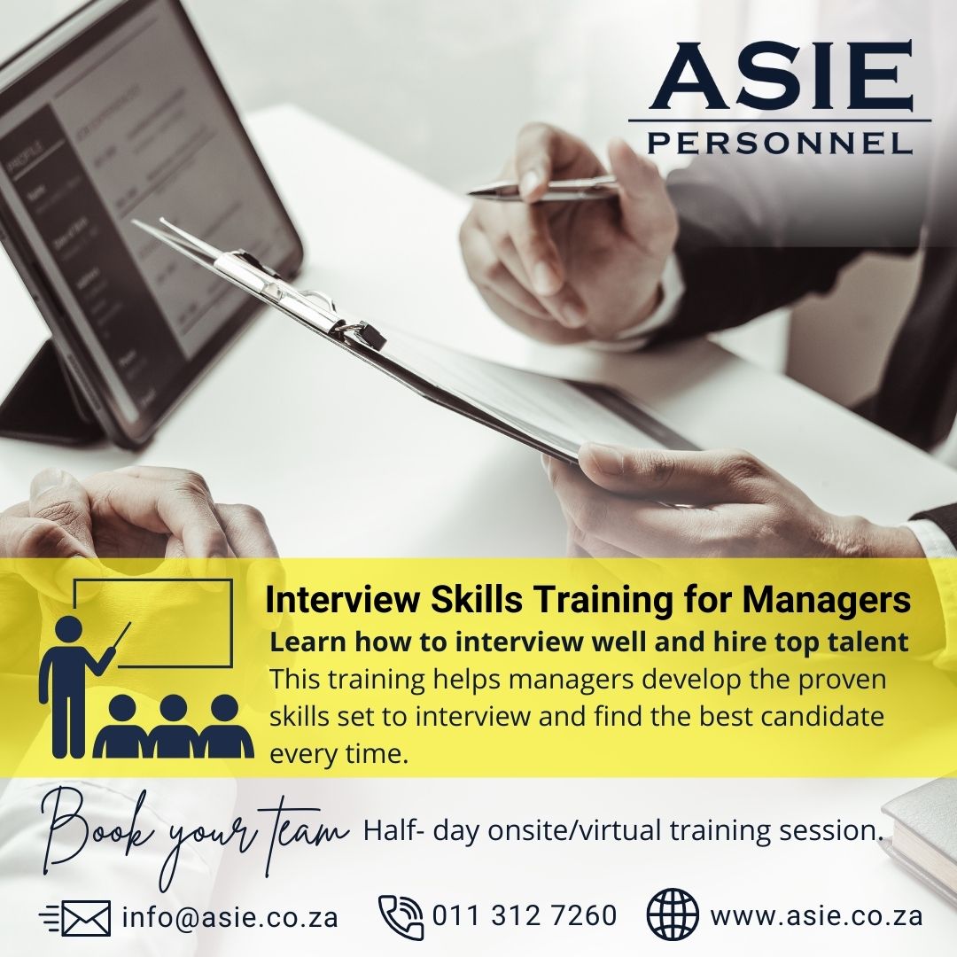 AsiePersonnel's tweet image. Has your management team been trained to conduct effective interviews &amp;amp; hire top talent? 
Let us provide expert training to enhance their hiring skills.
 
E: info@asie.co.za  | W: asie.co.za 

#asiepersonnel #interviewskillstraining #managementtraining