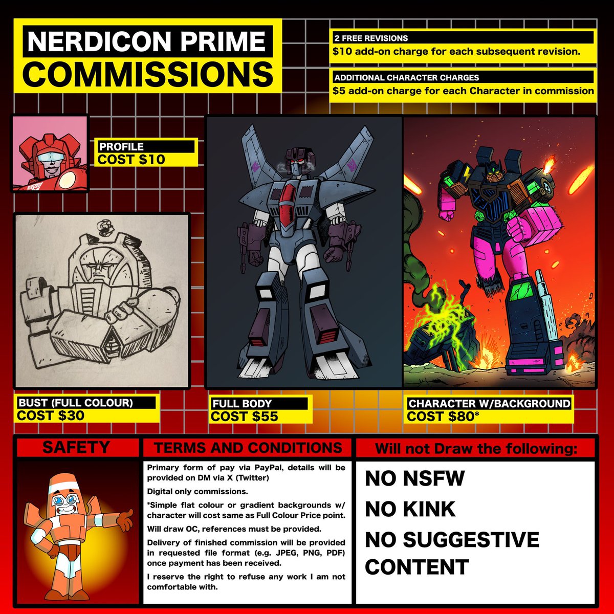 Nerdicon_'s tweet image. Greetings! 

Our comms are still open for anyone interested! Rules/Price Details below, can message us directly here or respond to this post.

Will draw OCs if provided references. 

Primary form of payment is via PayPal.