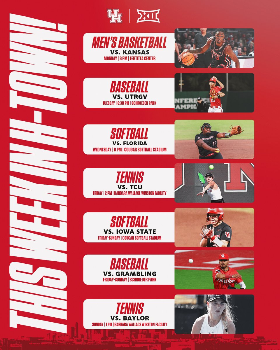Start your week off with some Houston Hoops, end your week with a Houston diamond sport series! 🏀 ⚾ 🥎 🎾 

#GoCoogs x <a href="/UHCougarMBK/">Houston Men's Hoops 🏀 🐾</a> x <a href="/UHCougarBB/">Houston Baseball</a> x <a href="/UHCougarSB/">Houston Softball</a> x <a href="/UHCougarTennis/">Houston Tennis</a>