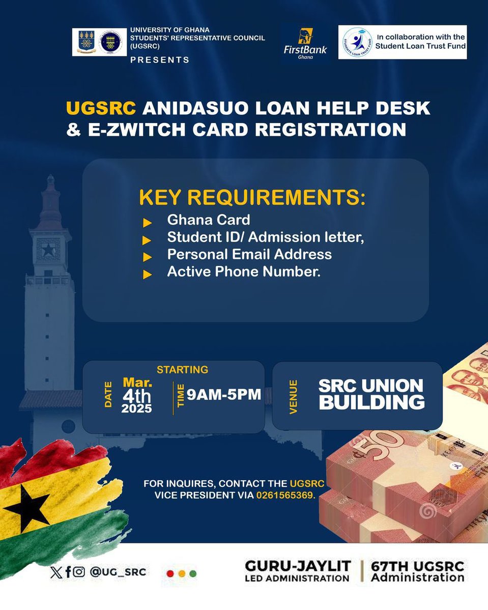 🔱🔰UGSRC ANIDASUO LOAN HELP DESK &amp; E-ZWITCH CARD REGISTRATION TO START TOMORROW, TUESDAY, 4TH MARCH, 2025 AT THE SRC UNION BUILDING

©️67TH UGSRC ADMINISTRATION🏅