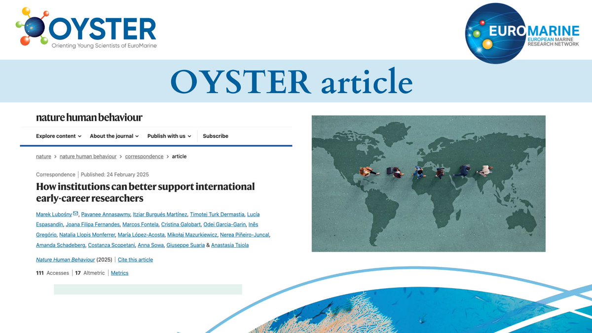 EuroMarine OYSTER (@em_oyster) on Twitter photo 📢 OYSTER article📢
OYSTER team published a correspondence in <a href="/NatureHumBehav/">Nature Human Behaviour</a> proposing guidelines for academic institutions to better welcome ECRs in their own institutions 🗺️🗣️
Link: rdcu.be/ea16l🔗
<a href="/Euromarine_tw/">EuroMarine</a> 📢 OYSTER article📢
OYSTER team published a correspondence in <a href="/NatureHumBehav/">Nature Human Behaviour</a> proposing guidelines for academic institutions to better welcome ECRs in their own institutions 🗺️🗣️
Link: rdcu.be/ea16l🔗
<a href="/Euromarine_tw/">EuroMarine</a>