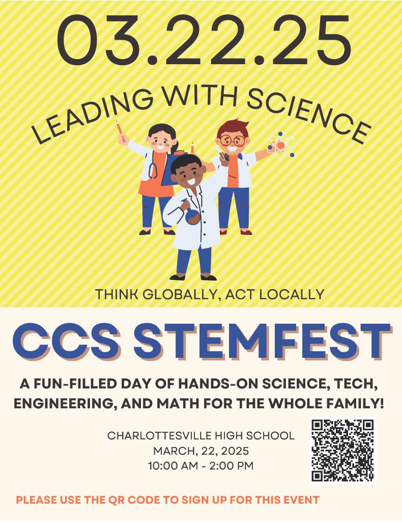 We are so excited for STEMfest! We hope you will be able to join us for this amazing Event!

Saturday, March 22

Please RSVP!
tinyurl.com/5pbxr9p

#stemfest #thinkglobalactlocal #leadingwithscience #FutureLeaders 
<a href="/CvilleSchools/">Charlottesville City Schools</a>  <a href="/UVA/">UVA</a>  <a href="/TrailblazerElem/">Trailblazer Elementary</a>