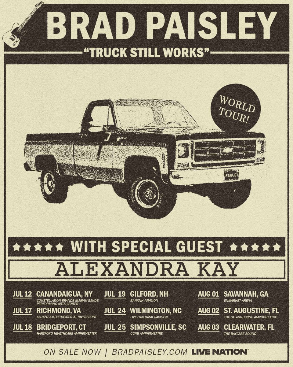 Alexandra Kay (@_alexandrakay) on Twitter photo YALL i'm hitting the road with <a href="/BradPaisley/">Brad Paisley</a> this summer on his Truck Still Works World Tour!! 🤠🛻 presale starts Wednesday and ON SALE this Friday 3/7!! SO EXCITED!! YALL i'm hitting the road with <a href="/BradPaisley/">Brad Paisley</a> this summer on his Truck Still Works World Tour!! 🤠🛻 presale starts Wednesday and ON SALE this Friday 3/7!! SO EXCITED!!
