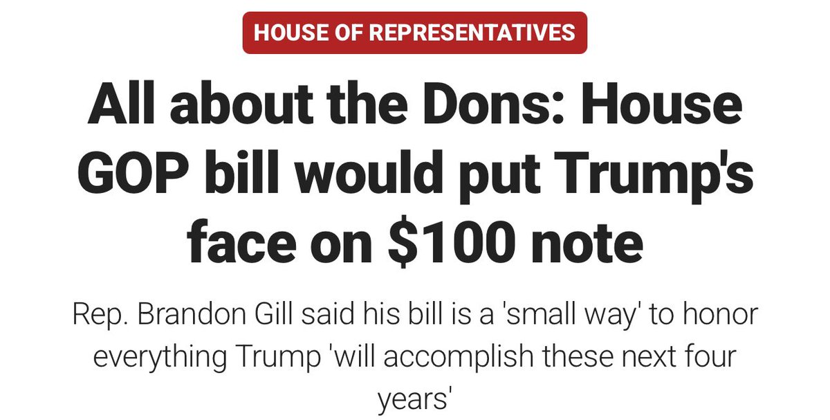 RepBrandonGill's tweet image. 🚨 I’m introducing the GOLDEN AGE ACT to put President Donald J. Trump on the $100 bill.
America is experiencing an historic rebirth under President Trump—his legacy deserves to be immortalized.
Washington. Lincoln. Reagan. TRUMP. It’s time to make history.