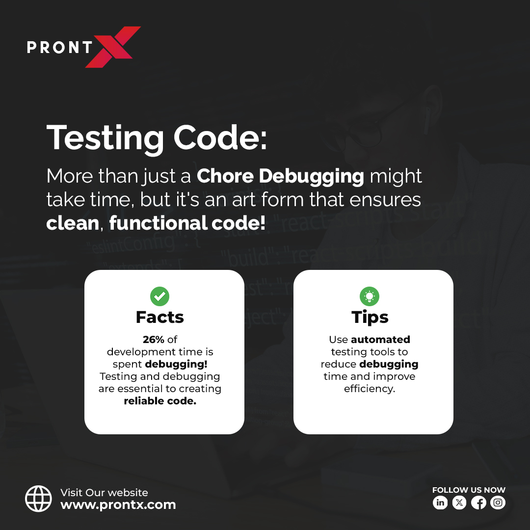 prontx_official's tweet image. Testing code isn’t a chore – it’s an art! Did you know 26% of development time is spent on debugging?
#testingcode #debugging #WebsiteTesting #apptesting #debugger #CodeDebugging #prontx