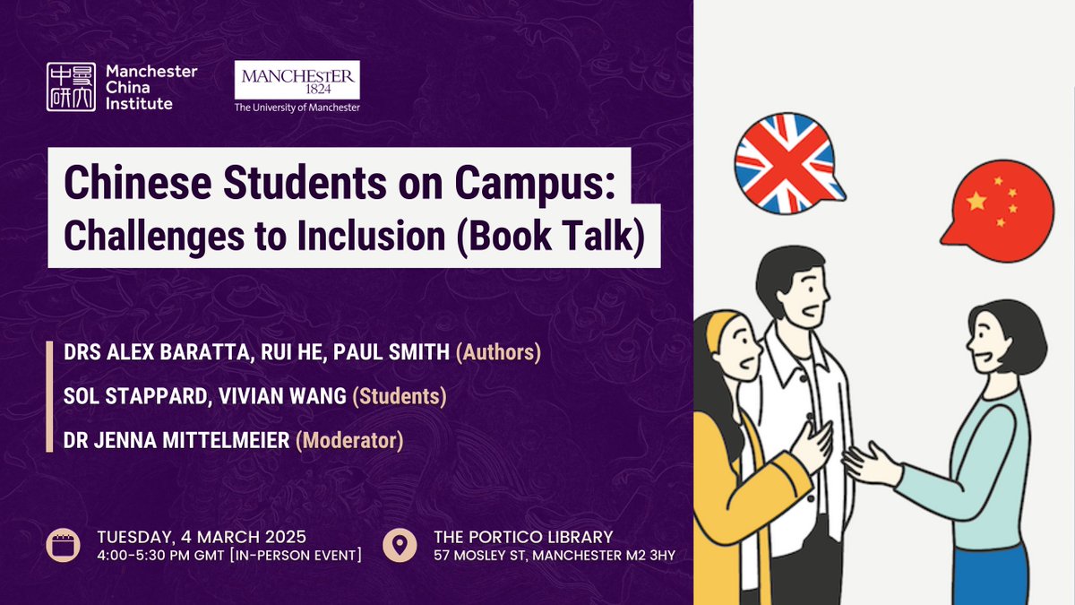 Manchester China Institute (@uomchina) on Twitter photo 📢 REMINDER: Join tomorrow's in-person roundtable conversation with students and scholars on the challenges to the #inclusion of #Chinese #students on campus.📚🎓
🗒️ Tuesday, 4 March
⏰ 4:00-5:30pm
🏛️ <a href="/ThePortico/">The Portico Library</a>
🎟️ Free tickets: eventbrite.co.uk/e/114082478062… 📢 REMINDER: Join tomorrow's in-person roundtable conversation with students and scholars on the challenges to the #inclusion of #Chinese #students on campus.📚🎓
🗒️ Tuesday, 4 March
⏰ 4:00-5:30pm
🏛️ <a href="/ThePortico/">The Portico Library</a>
🎟️ Free tickets: eventbrite.co.uk/e/114082478062…