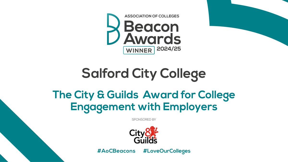 A huge congratulations to <a href="/SalfordSCCGroup/">Salford City College Group</a> for winning the <a href="/cityandguilds/">City & Guilds</a> Award for College Engagement with Employers in this year’s Beacon Awards. #AoCBeacons #CollegesWeek2025
