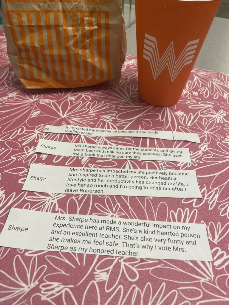 MsSharpe10's tweet image. Happy Monday! Walked in to these NJHS “vote for your teacher” notes. Omg I’m going to cry as I eat my @Whataburger lol! Great way to start the week. 🩷✨