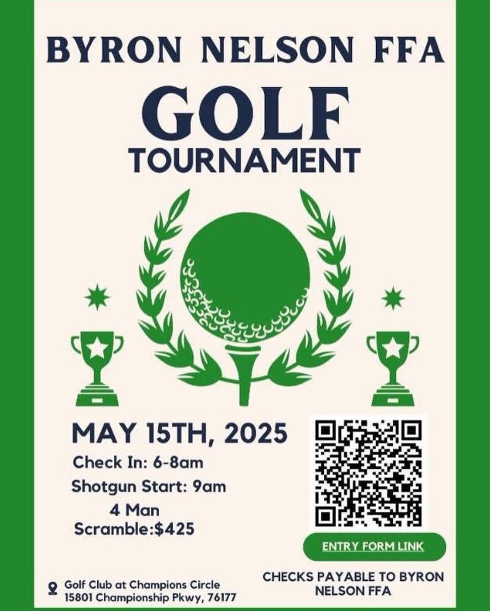 My other love besides sports, FFA! Our Byron Nelson FFA Chapter is hosting a golf tournament on May 15th. We are looking for more teams to sing up, this is a fun opportunity to hang out with your friends and get outside!

#BNHS #FFA #TexasFFA