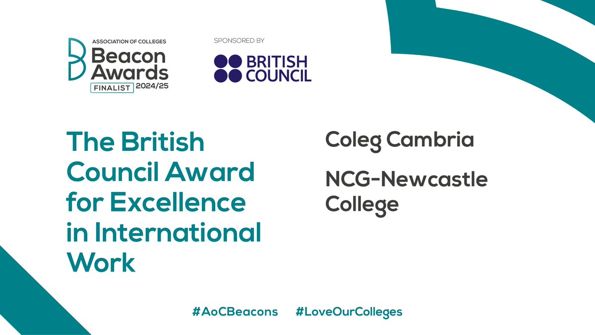 Congratulations to Coleg Cambria and <a href="/NCLCollege/">Newcastle College</a> for being finalists for the <a href="/BritishCouncil/">British Council</a> Award for Excellence in International Work.  #AoCBeacons #CollegesWeek2025