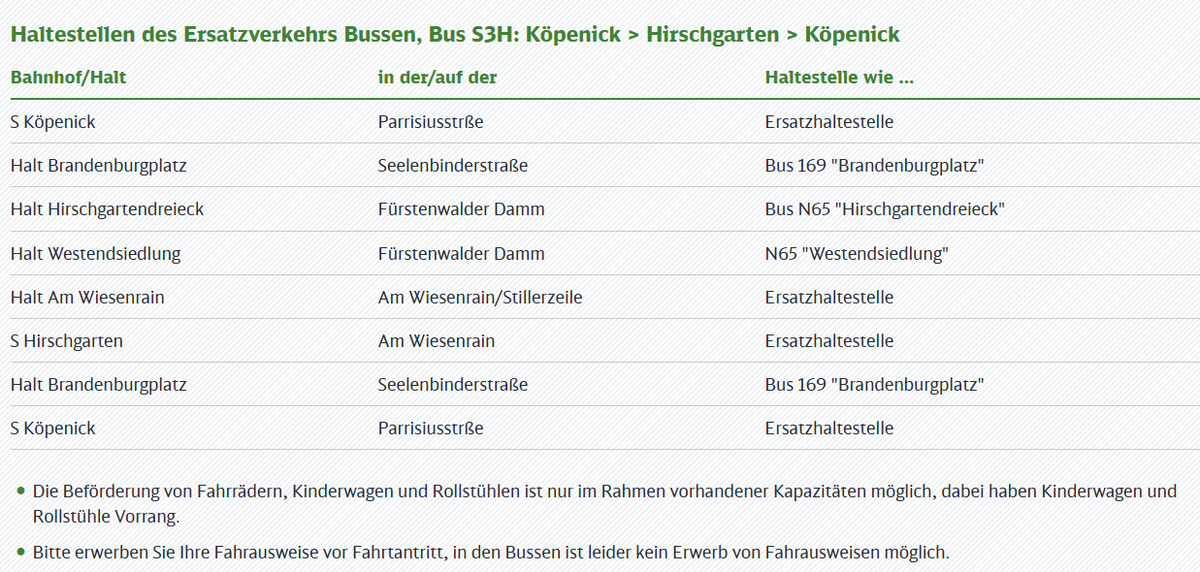 SBahnBerlin's tweet image. Bauinfo - #S3: Durchgehend bis 28.04.(Mo) ca. 1:30 Uhr kein Halt in #Hirschgarten. Es besteht ein  Ersatzverkehr mit Bussen: Bus #S3H: #Köpenick &amp;gt; #Hirschgarten &amp;gt; #Köpenick. Alle Infos: sbahn.berlin/fahren/bauen-s…