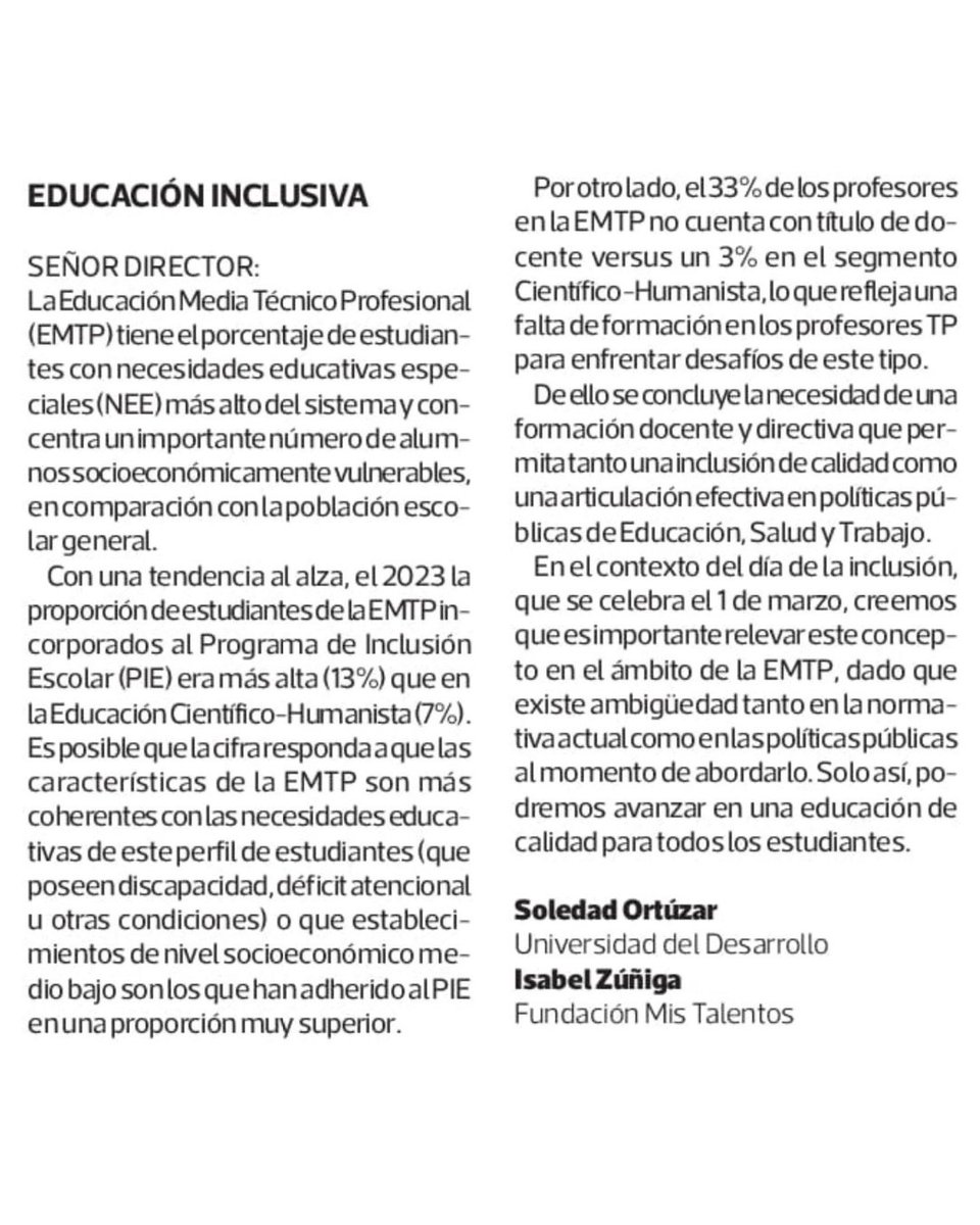 Fundación Mis Talentos (@mis_talentos) on Twitter photo En el Día de la Inclusión, nuestra presidenta ejecutiva, Isabel Zúñiga, y Soledad Ortúzar de @CILED_LideresTP escribieron la carta "Educación Inclusiva", publicada en <a href="/latercera/">La Tercera</a>, donde reflexionan sobre los desafíos de la inclusión en la educación Técnico Profesional. ¡Comparte! En el Día de la Inclusión, nuestra presidenta ejecutiva, Isabel Zúñiga, y Soledad Ortúzar de @CILED_LideresTP escribieron la carta "Educación Inclusiva", publicada en <a href="/latercera/">La Tercera</a>, donde reflexionan sobre los desafíos de la inclusión en la educación Técnico Profesional. ¡Comparte!
