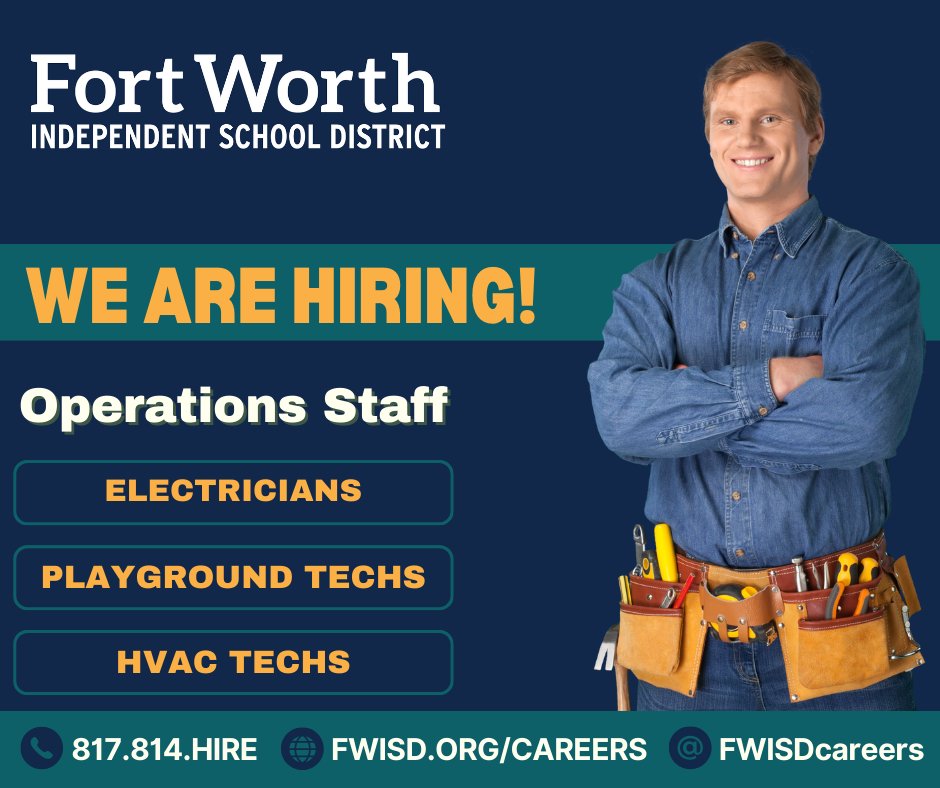 FWISD Careers (@fwisdcareers) on Twitter photo From repairs to reliability, Find Yourself in the <a href="/FortWorthISD/">Fort Worth Independent School District</a> as a maintenance professional. Apply today at fwisd.org/careers. From repairs to reliability, Find Yourself in the <a href="/FortWorthISD/">Fort Worth Independent School District</a> as a maintenance professional. Apply today at fwisd.org/careers.