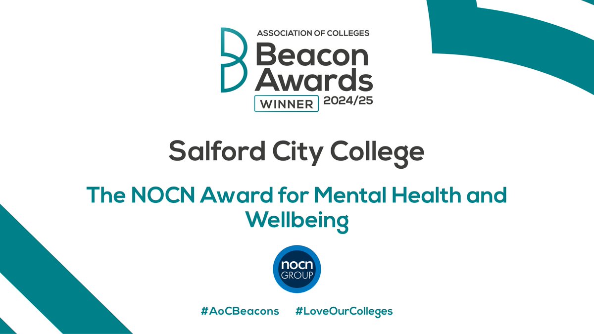 <a href="/NCLCollege/">Newcastle College</a> <a href="/BritishCouncil/">British Council</a> A huge congratulations to <a href="/SalfordSCCGroup/">Salford City College Group</a> for winning the <a href="/NOCNGroup/">NOCN Group</a> Award for Mental Health and Wellbeing in this year’s Beacon Awards. #AoCBeacons #CollegesWeek2025