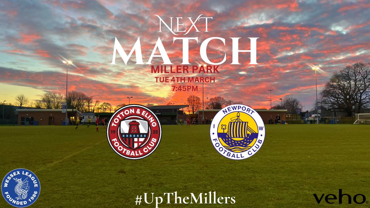 Totton and Eling FC (@tottonelingfc) on Twitter photo 🔴⚫️NEXT UP⚫️🔴
We look to make it 3 wins on the spin tomorrow night with Newport the visitors to Miller Park
🆚 <a href="/Newport_IW_FC/">Newport IW FC</a>
🏆 Wessex League Division One
📍 Miller Park, SO40 3ND
📆 Tuesday 4th March
🕒 7:45pm
💷 Adults: £6 | Concessions: £3 | Under 18’s: Free
#Millers 🔴⚫️NEXT UP⚫️🔴
We look to make it 3 wins on the spin tomorrow night with Newport the visitors to Miller Park
🆚 <a href="/Newport_IW_FC/">Newport IW FC</a>
🏆 Wessex League Division One
📍 Miller Park, SO40 3ND
📆 Tuesday 4th March
🕒 7:45pm
💷 Adults: £6 | Concessions: £3 | Under 18’s: Free
#Millers