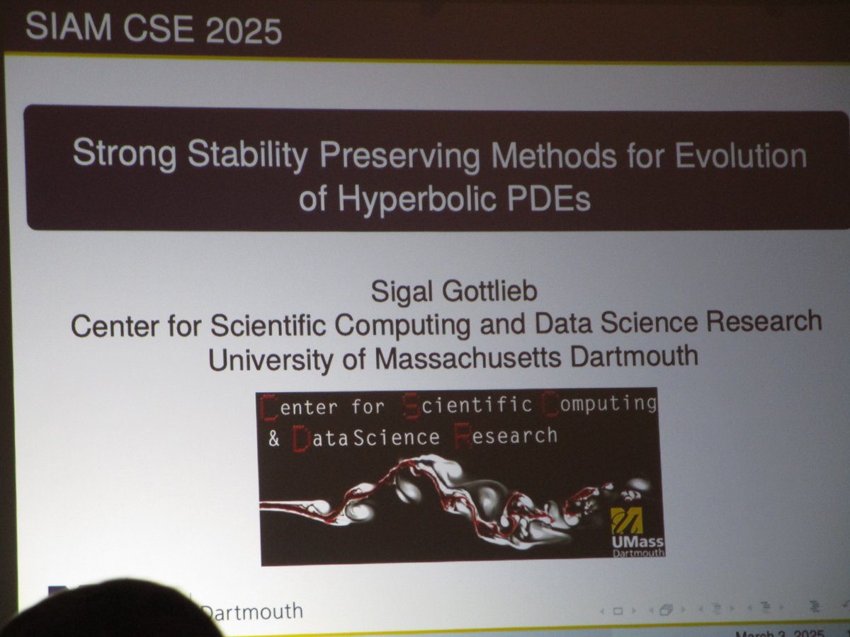 TheSIAMNews's tweet image. Kicking off #SIAMCSE25 with the first invited presentation of the week! Sigal Gottlieb (@UMassD) explores strong stability preserving methods for hyperbolic partial differential equations. If you're on site, don’t miss it! #NumericalAnalysis