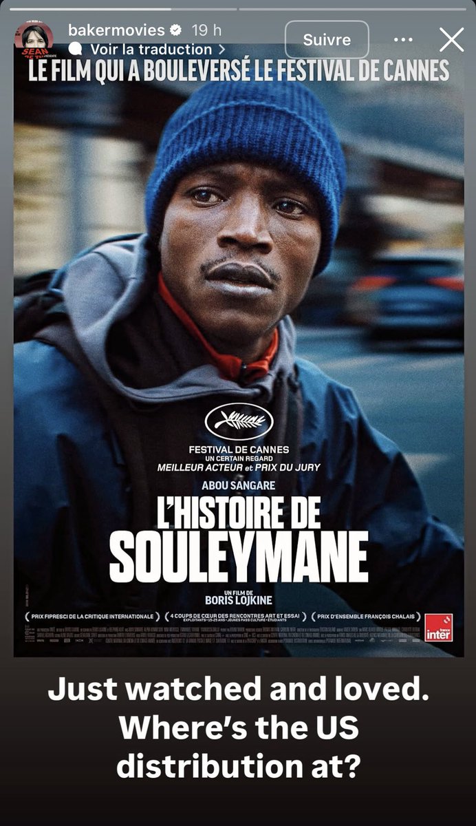 La story Instagram de Sean Baker hier, lauréat de l’Oscar du meilleur réalisateur, qui dit avoir vu et adoré L’Histoire de Souleymane. Et qui se demande surtout pourquoi le film n’est pas distribué aux États-Unis.

J’aime voir ça.