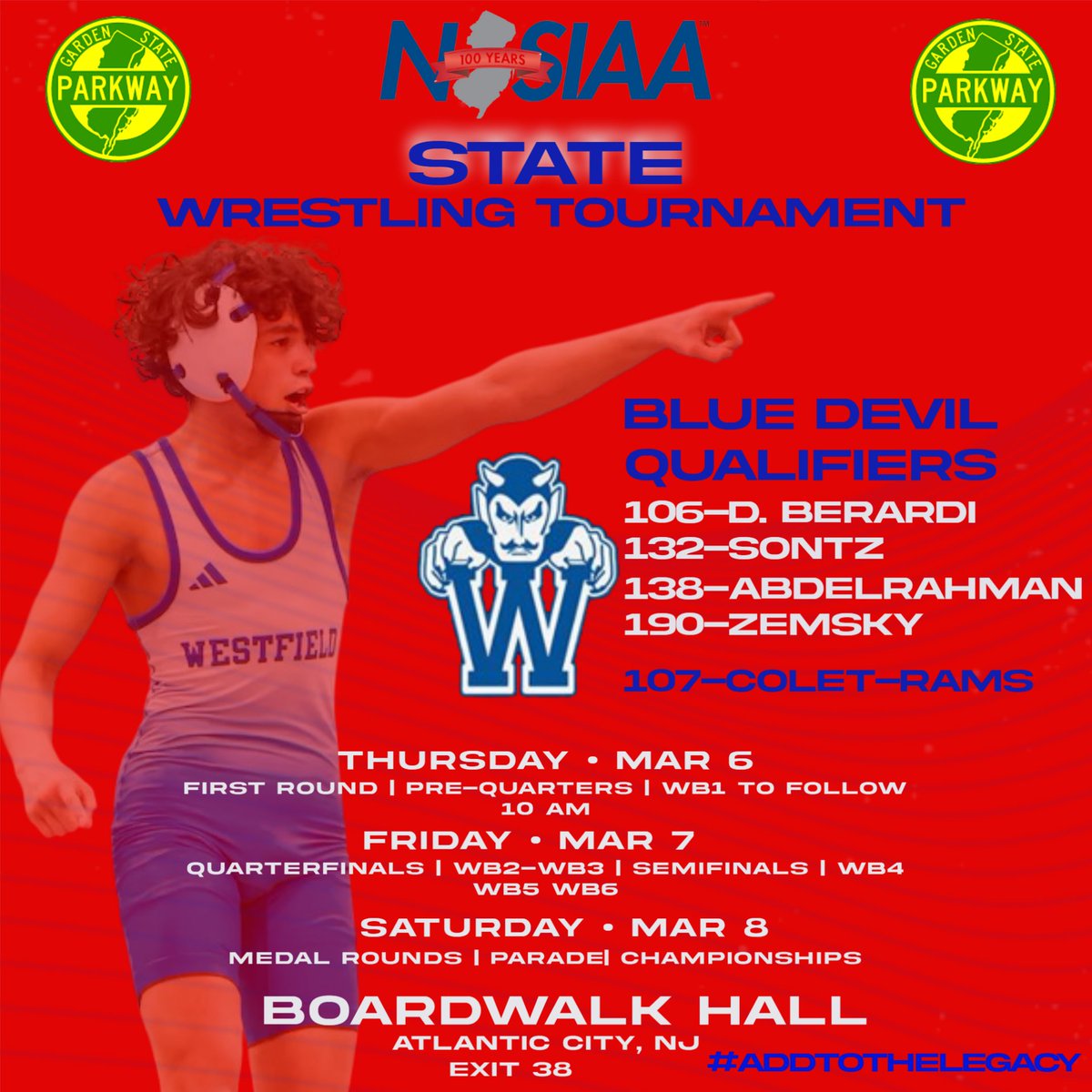 Blue Devils jumping on GSP South.  Exit 135 to Exit 38.  States start Thursday.