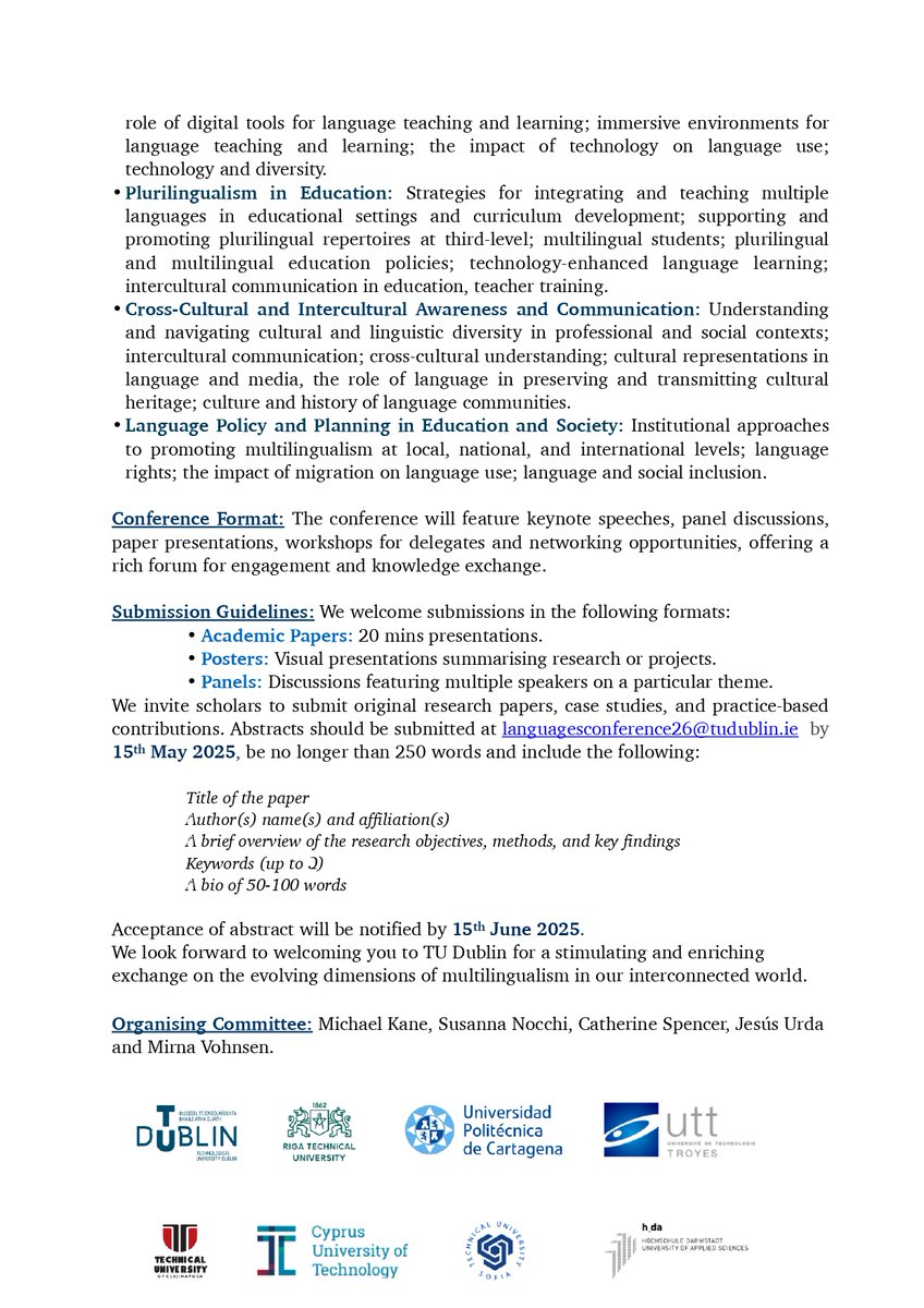 CFP for the 3rd EUT+ Conference on multilingualism and plurilingualism 🗣, taking place on January 15–16, 2026 at <a href="/WeAreTUDublin/">TU Dublin / OT Baile Átha Cliath</a> CFP below ⬇️