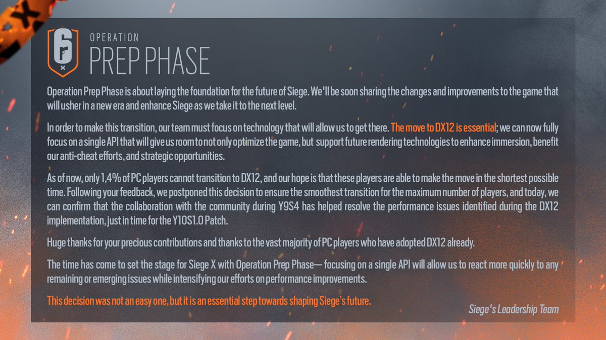 Rainbow6Game's tweet image. Y10S1 is just around the corner, and with mixed feelings, we must say goodbye to the DX11 graphical API as Siege will imminently step into its new era.

More details from Siege&apos;s Leadership Team 👇