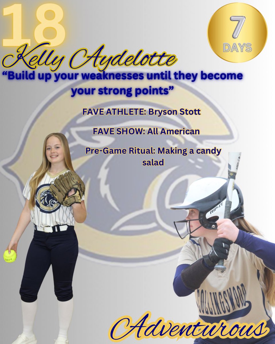 With just 7 days until the first official day of practice, it’s time to meet the seniors!! 

First on the list is Kelly, she always finds the positive in a negative situation and has one of the best work ethics on the team! We can’t wait to see what she accomplishes this season🥎